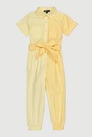 Little Girls Tie Waist Belted Jumpsuit, Yellow, Size 5-6