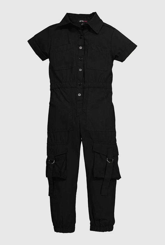 Little Girls Poplin Cargo Jumpsuit, Black, Size 6X