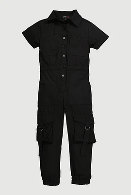 Little Girls Poplin Cargo Jumpsuit, Black, Size 6X