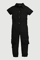 Little Girls Poplin Cargo Jumpsuit, Black, Size 6X