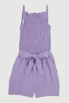 Girls Sleeveless Smocked Romper, Purple, Size 14-16