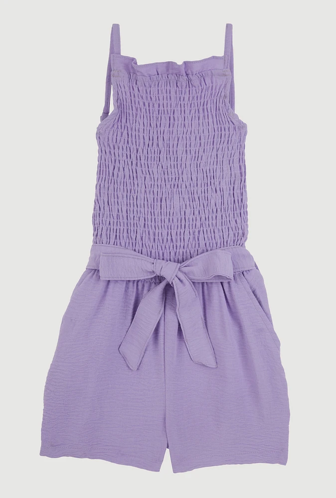 Girls Sleeveless Smocked Romper, Purple,