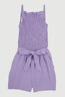 Girls Sleeveless Smocked Romper, Purple,