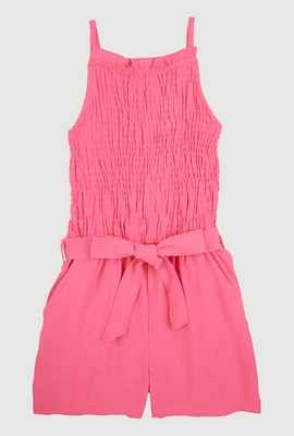 Girls Sleeveless Smocked Romper, Pink, Size 10-12