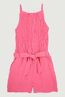 Girls Sleeveless Smocked Romper, Pink, Size 14-16