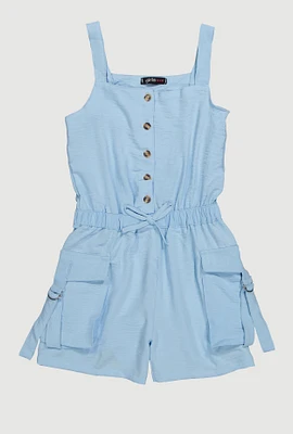 Girls Button Front Tabbed Cargo Pocket Romper, 7-8