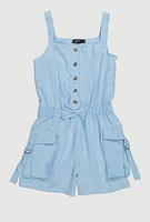 Girls Button Front Tabbed Cargo Pocket Romper, 7-8