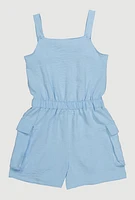 Girls Button Front Tabbed Cargo Pocket Romper, 7-8