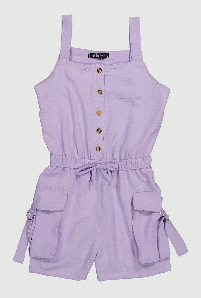 Girls Button Front Tabbed Cargo Pocket Romper, Purple,