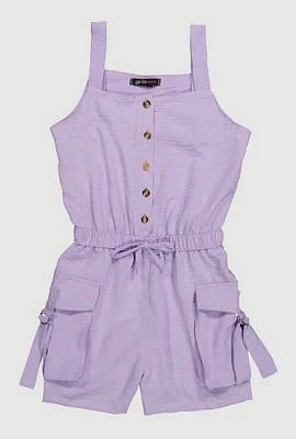 Girls Button Front Tabbed Cargo Pocket Romper, Purple,