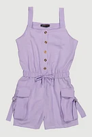 Girls Button Front Tabbed Cargo Pocket Romper, Purple,