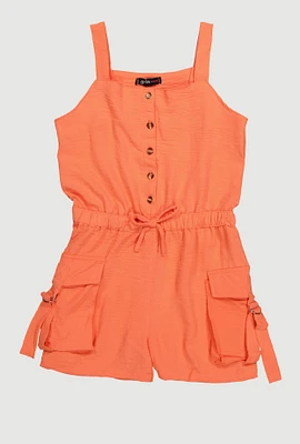 Girls Button Front Tabbed Cargo Pocket Romper,