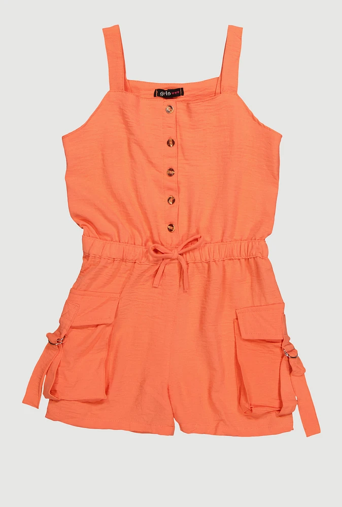 Girls Button Front Tabbed Cargo Pocket Romper, Orange, Size 10-12