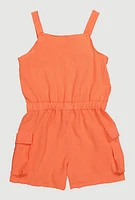 Girls Button Front Tabbed Cargo Pocket Romper, Orange, Size 10-12