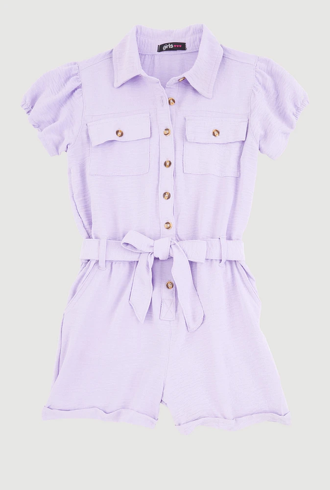 Girls Puff Sleeve Tie Waist Belted Romper, Purple, Size 14-16