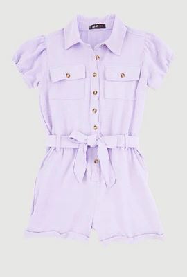 Girls Puff Sleeve Tie Waist Belted Romper, Purple, Size 14-16