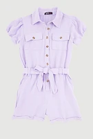 Girls Puff Sleeve Tie Waist Belted Romper, Purple, Size 14-16