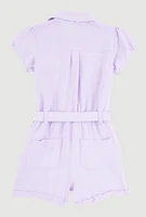 Girls Puff Sleeve Tie Waist Belted Romper, Purple, Size 14-16