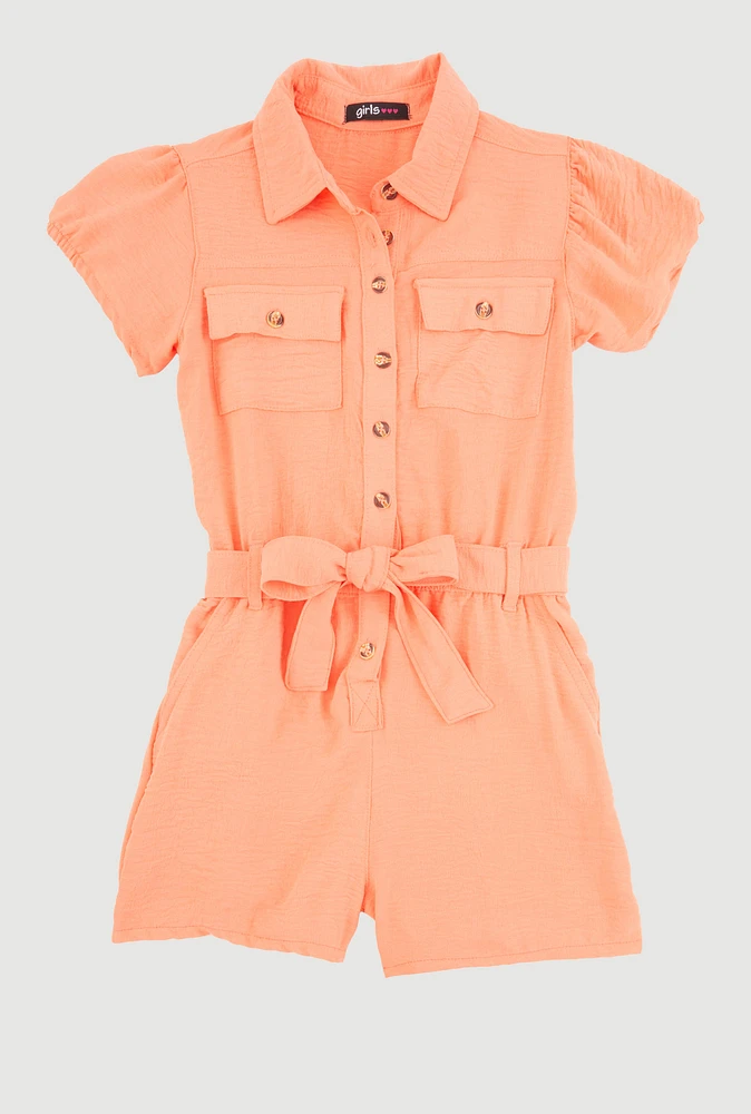 Girls Puff Sleeve Tie Waist Belted Romper,