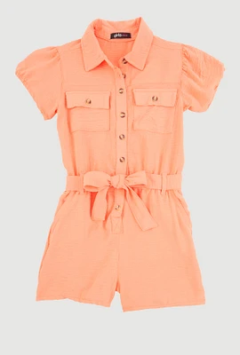 Girls Puff Sleeve Tie Waist Belted Romper,