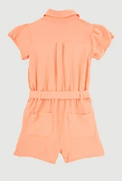 Girls Puff Sleeve Tie Waist Belted Romper,