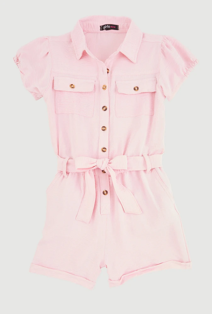Girls Puff Sleeve Tie Waist Belted Romper, Pink,