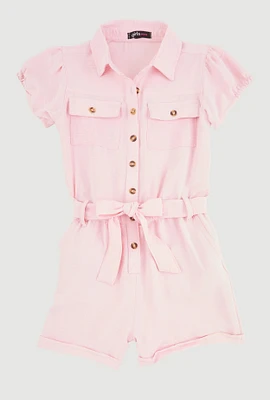 Girls Puff Sleeve Tie Waist Belted Romper, Pink,