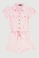 Girls Puff Sleeve Tie Waist Belted Romper, Pink,