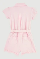 Girls Puff Sleeve Tie Waist Belted Romper, Pink,