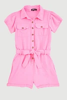 Girls Puff Sleeve Tie Waist Belted Romper, Pink,