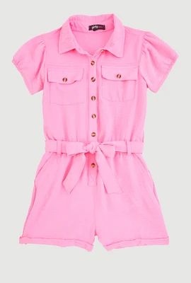 Girls Puff Sleeve Tie Waist Belted Romper, Pink, Size 10-12