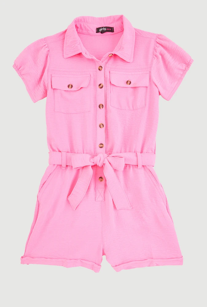 Girls Puff Sleeve Tie Waist Belted Romper, Pink, Size 7-8