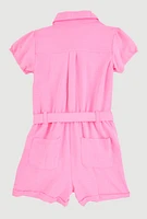 Girls Puff Sleeve Tie Waist Belted Romper, Pink,