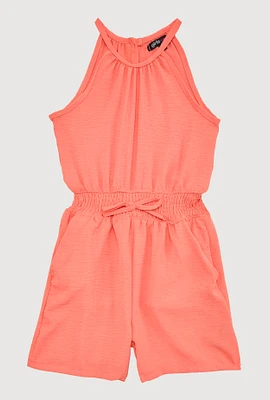 Girls Smocked Sleeveless Romper, Orange, Size 14-16