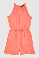 Girls Smocked Sleeveless Romper, Orange, Size 14-16