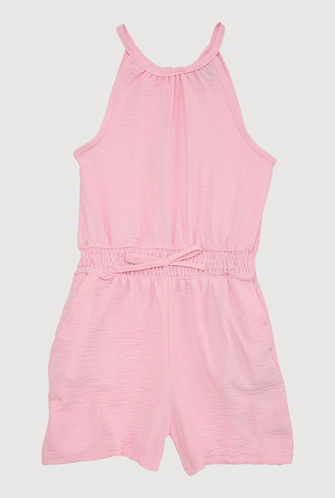 Girls Smocked Sleeveless Romper, Pink,