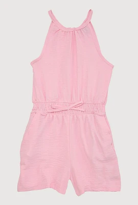 Girls Smocked Sleeveless Romper, Pink,
