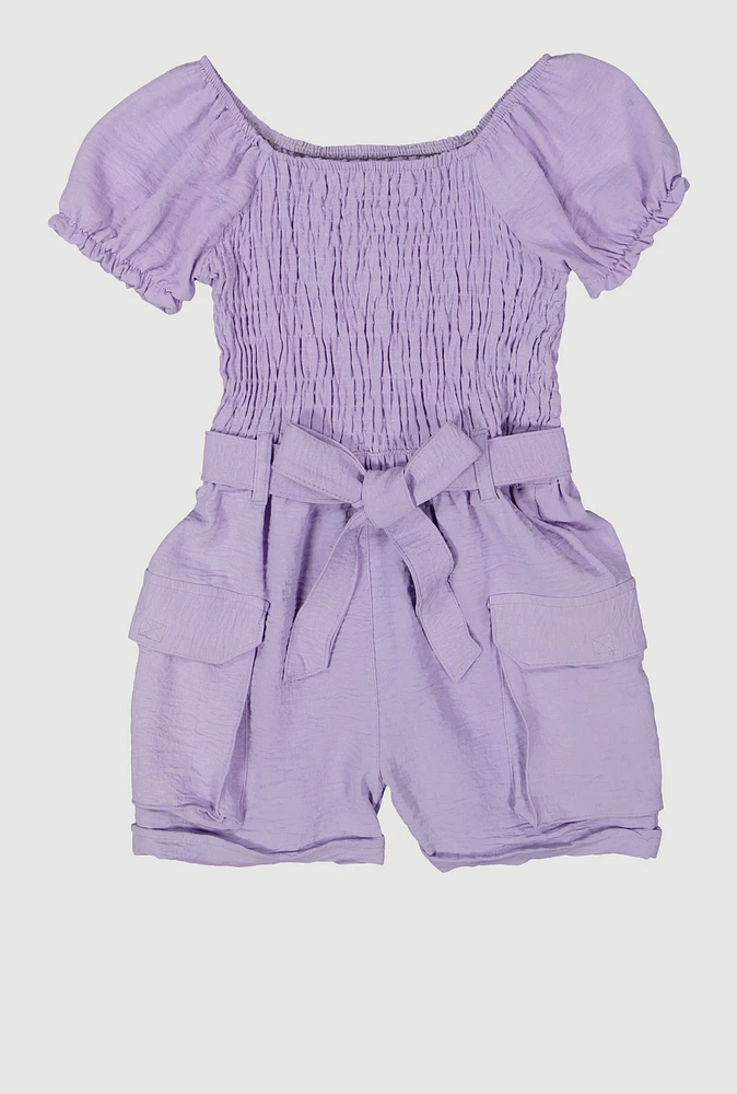 Girls Puff Sleeve Smocked Cargo Romper, Purple, Size 14-16