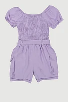 Girls Puff Sleeve Smocked Cargo Romper, Purple, Size 14-16