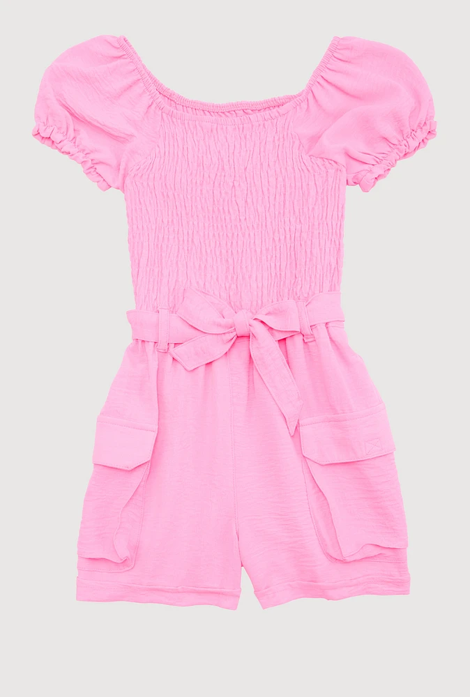 Girls Puff Sleeve Smocked Cargo Romper, Pink, Size 14-16