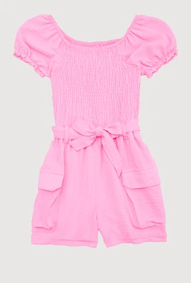 Girls Puff Sleeve Smocked Cargo Romper, Pink, Size 14-16