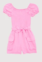 Girls Puff Sleeve Smocked Cargo Romper, Pink, Size 14-16