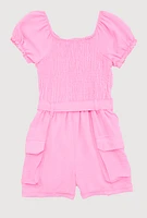 Girls Puff Sleeve Smocked Cargo Romper, Pink, Size 14-16