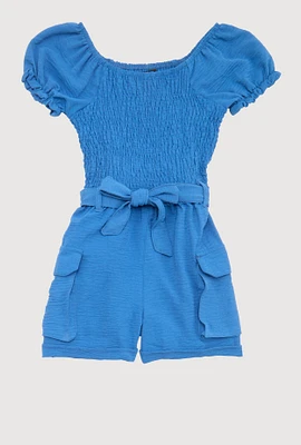 Girls Puff Sleeve Smocked Cargo Romper, Blue, Size 7-8