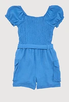 Girls Puff Sleeve Smocked Cargo Romper, Blue, Size 7-8