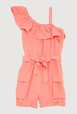 Girls Ruffle One Shoulder Cargo Romper,