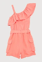 Girls Ruffle One Shoulder Cargo Romper,