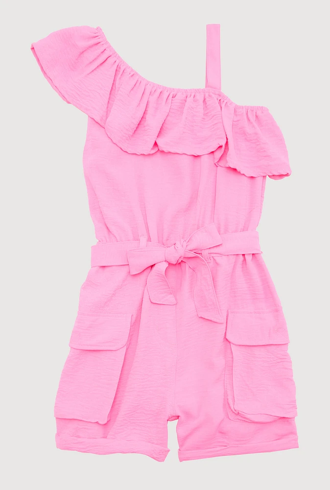 Girls Ruffle One Shoulder Cargo Romper, Pink, Size 10-12