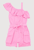 Girls Ruffle One Shoulder Cargo Romper, Pink, Size 10-12