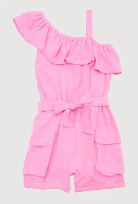 Girls Ruffle One Shoulder Cargo Romper, Pink, Size 10-12